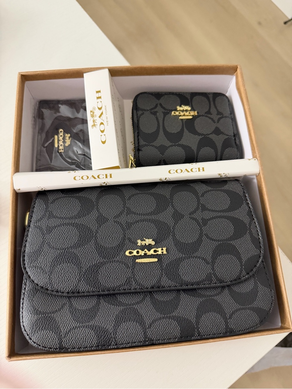 Coach Black Signature Crossbody and Wallet Set with Gold Hardware